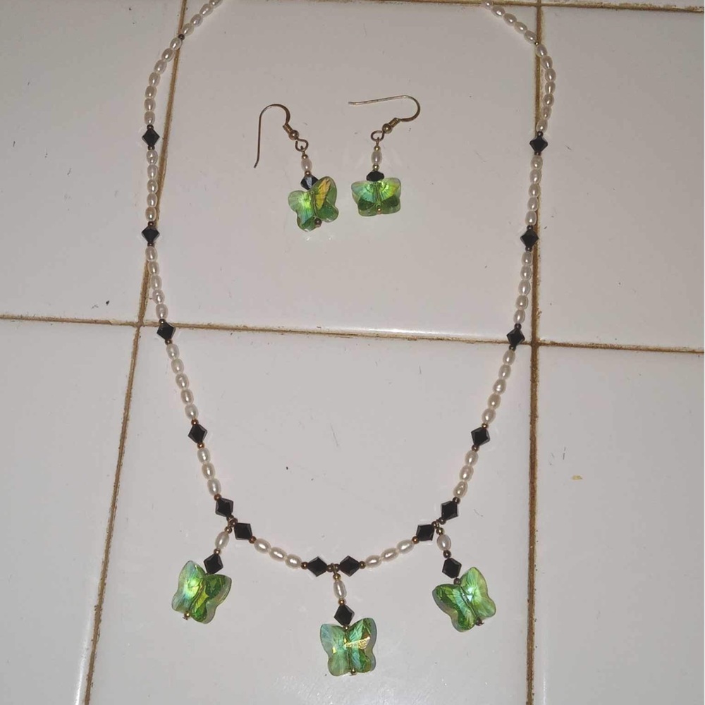 Beaded butterfly necklace and earrings